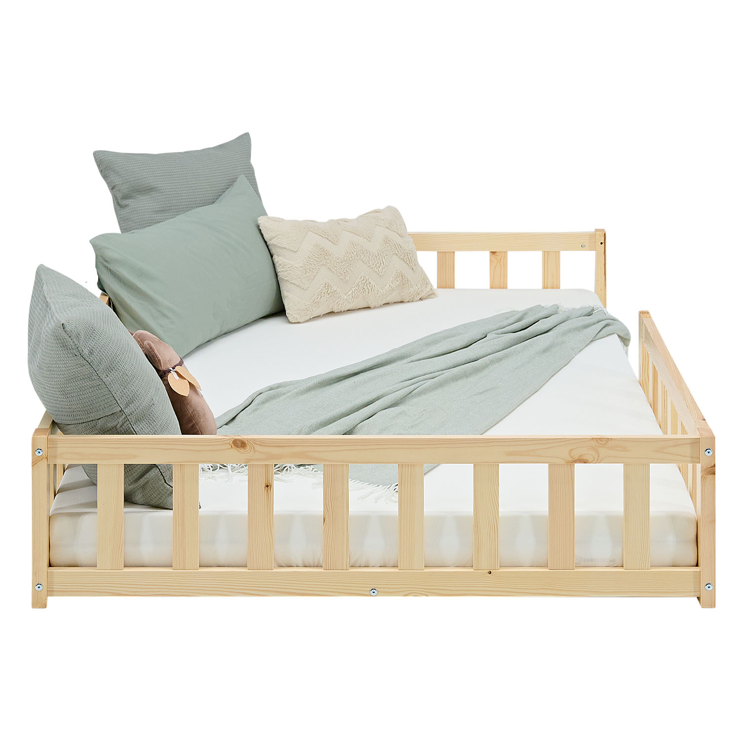 Montessori Crib 120x200 cm Natural, Includes Mattress & Slatted Base – Floor-Level Crib with Safety Rails Made of Solid Wood