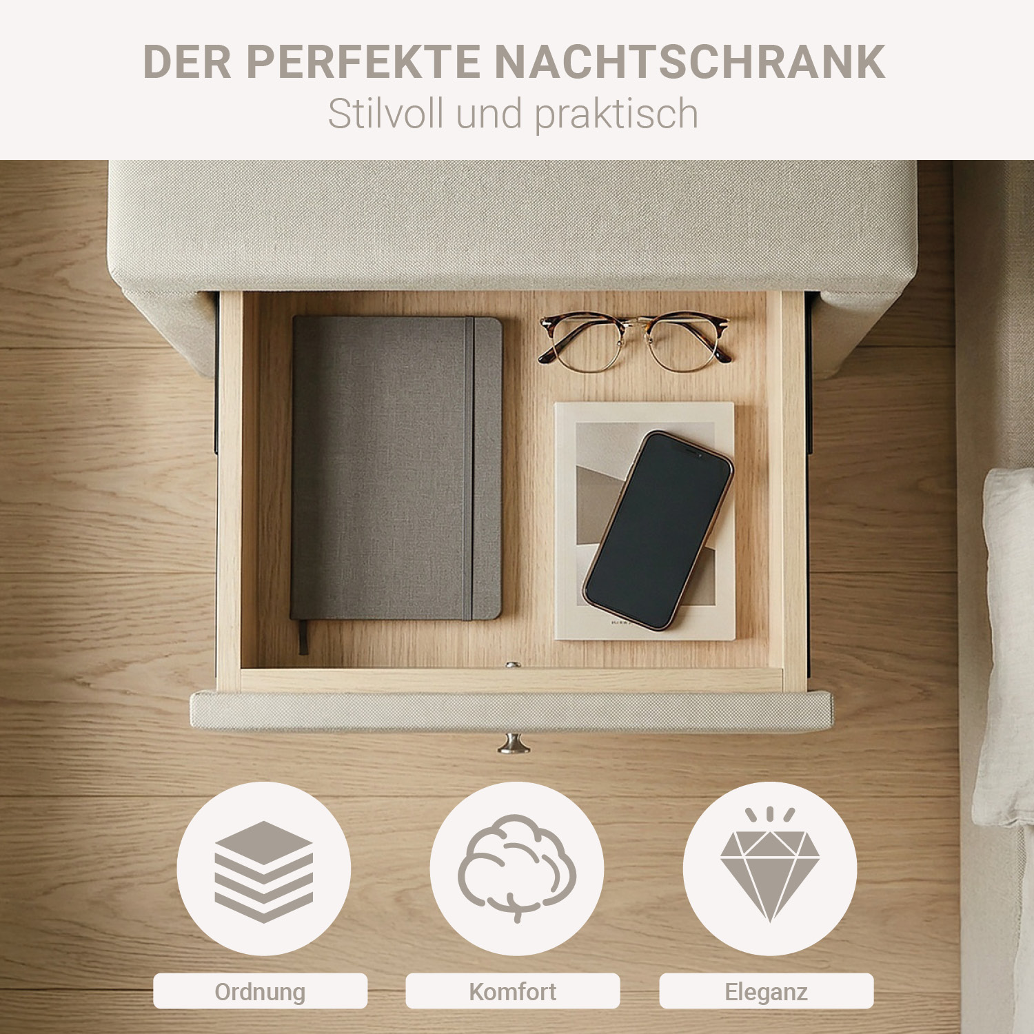 2 Bedside tables Nightstand bedroom 2 Chest drawers Side table Beige fabric