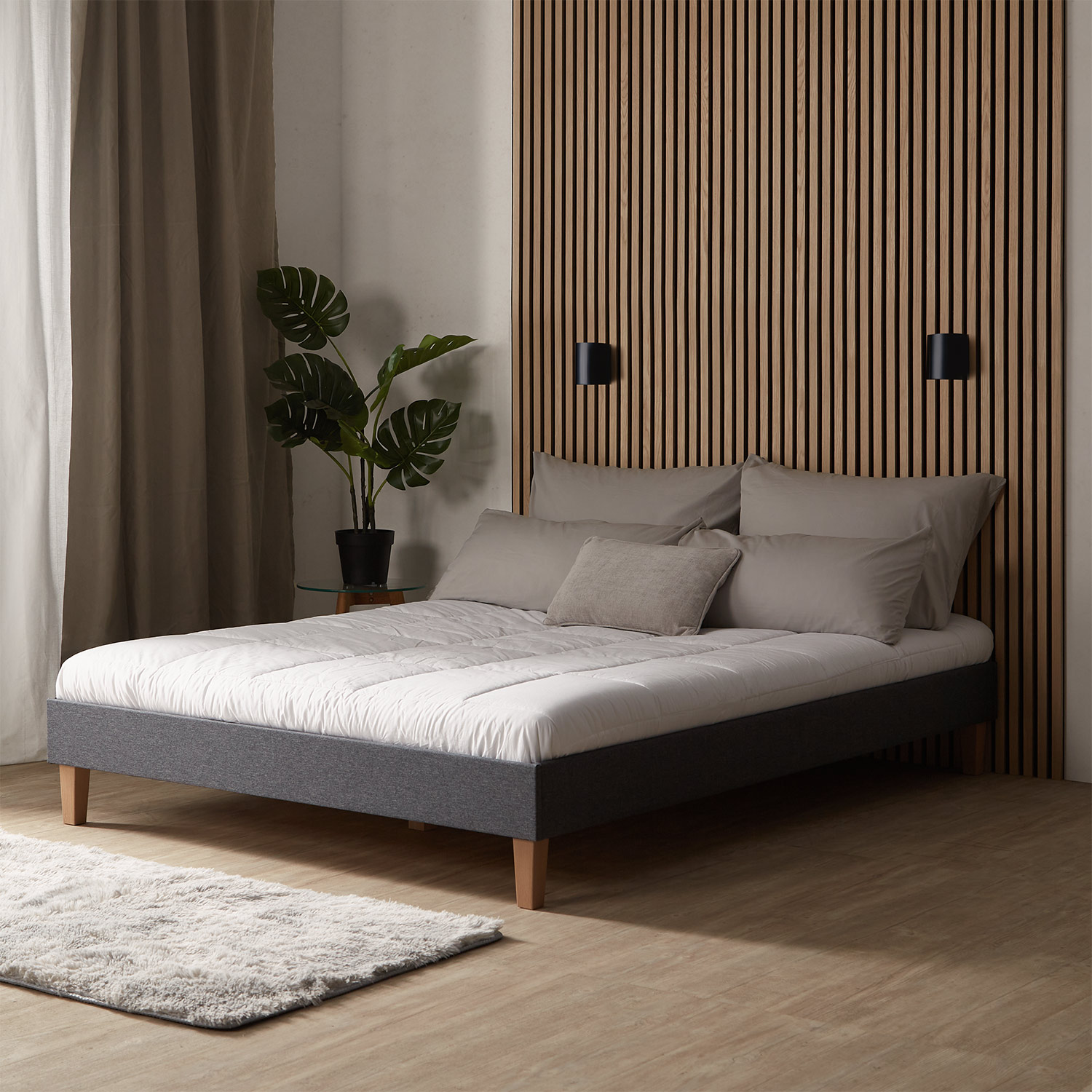 Upholstered bed 140x200 cm grey | futon bed | with slatted frame | with mattress | double fabric bed frame