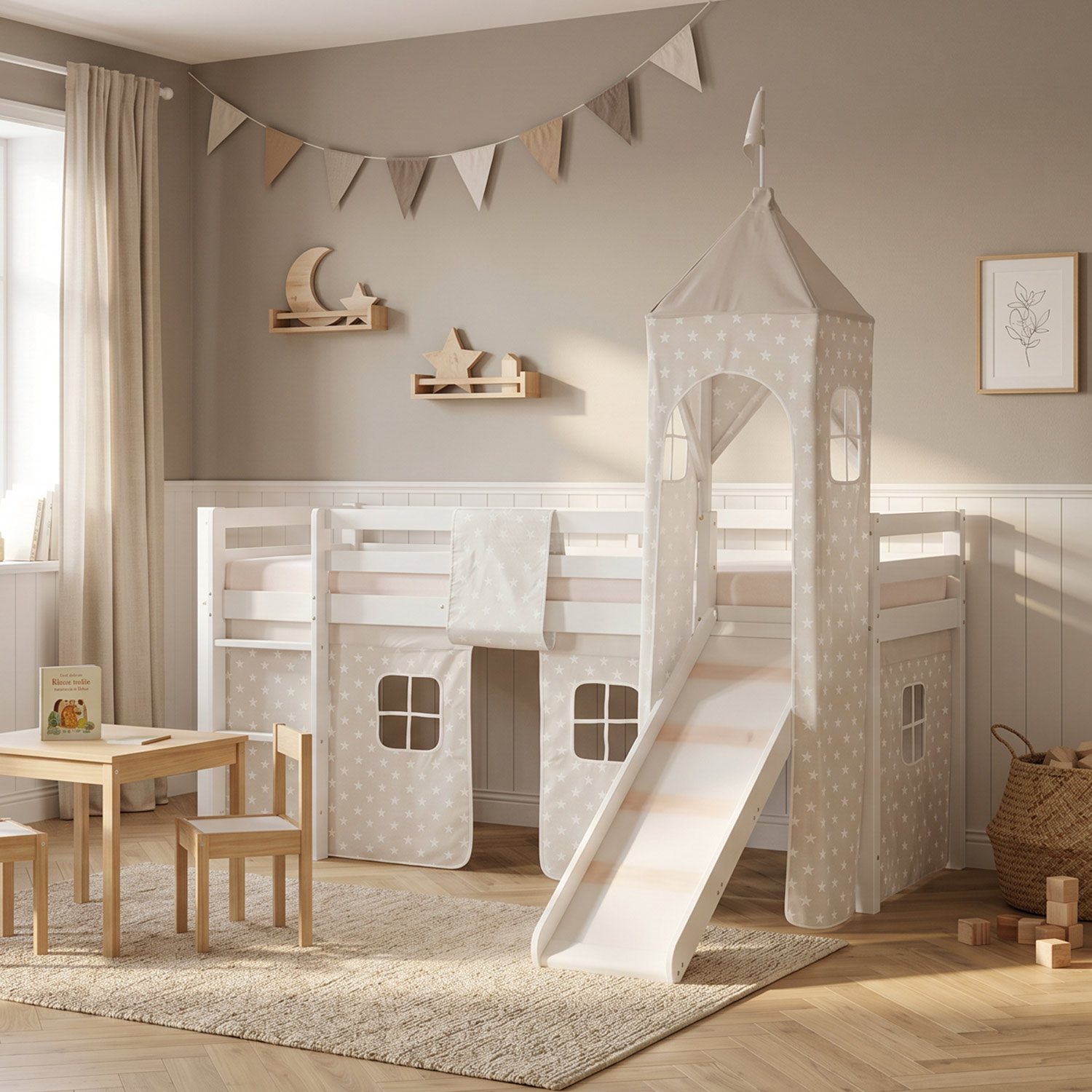 Children's Loft Bed 90x200 cm White with Star Curtain | Tower | Slide | Includes Slatted Base | Includes Mattress