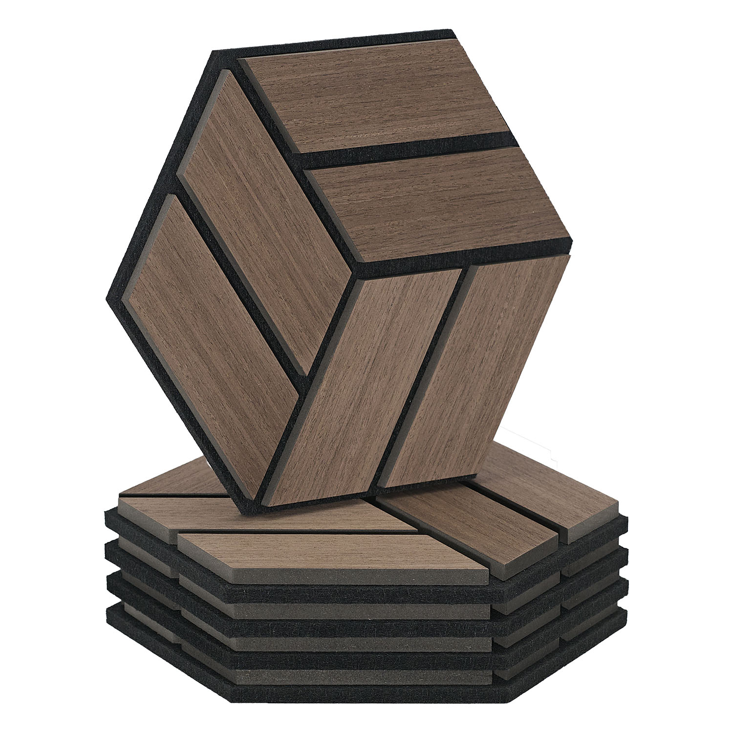 Acoustic Panels Wall Panels Hexagon Honeycomb 30 x 26 cm Brown Walnut | Wood | 5-piece Set | 3D
