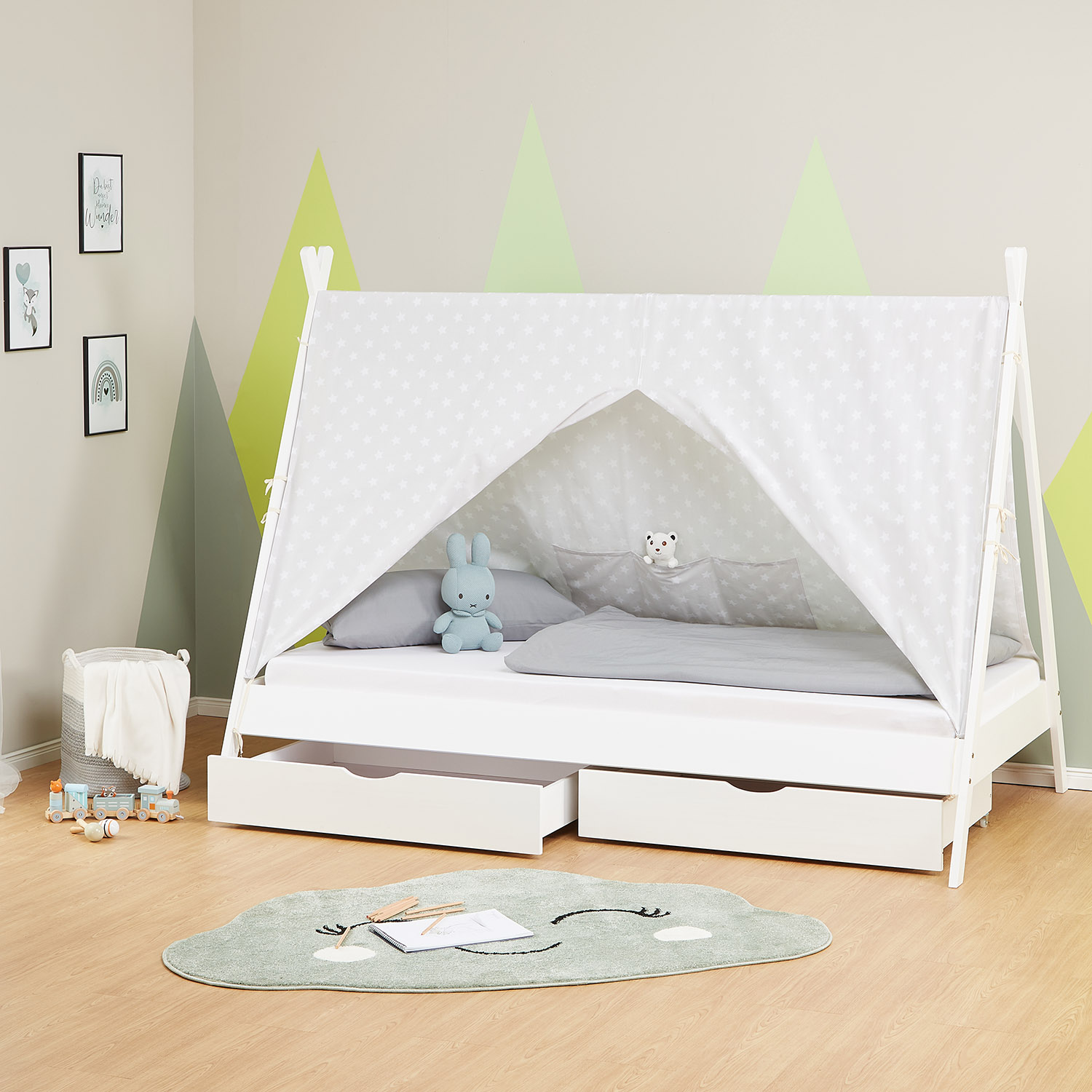 Children's Bed 90x200 cm White Gray Fabric | Tent Bed with Drawers | Single Bed | with Slatted Frame | Wood