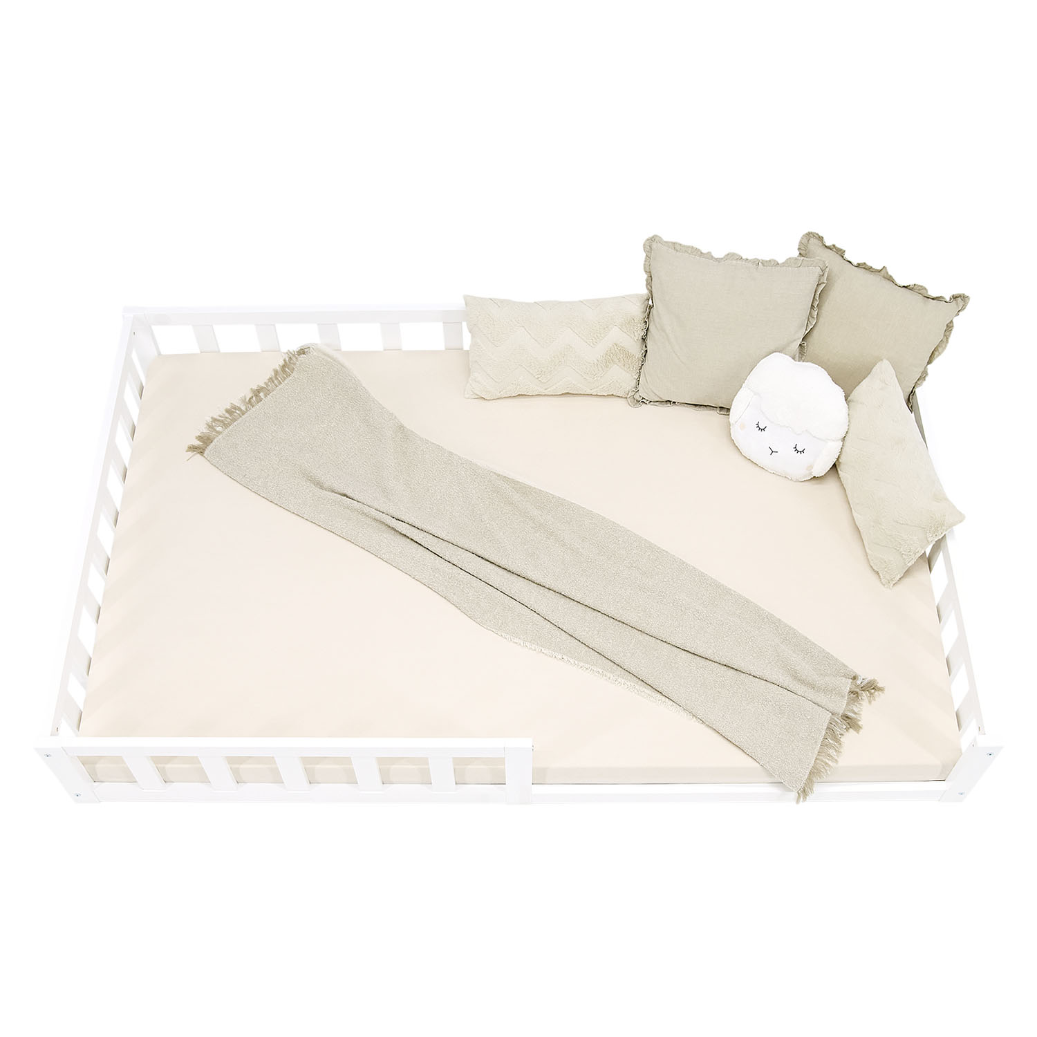 Montessori Crib 120x200 cm White with Safety Rail & Slatted Base – Solid Wood Crib