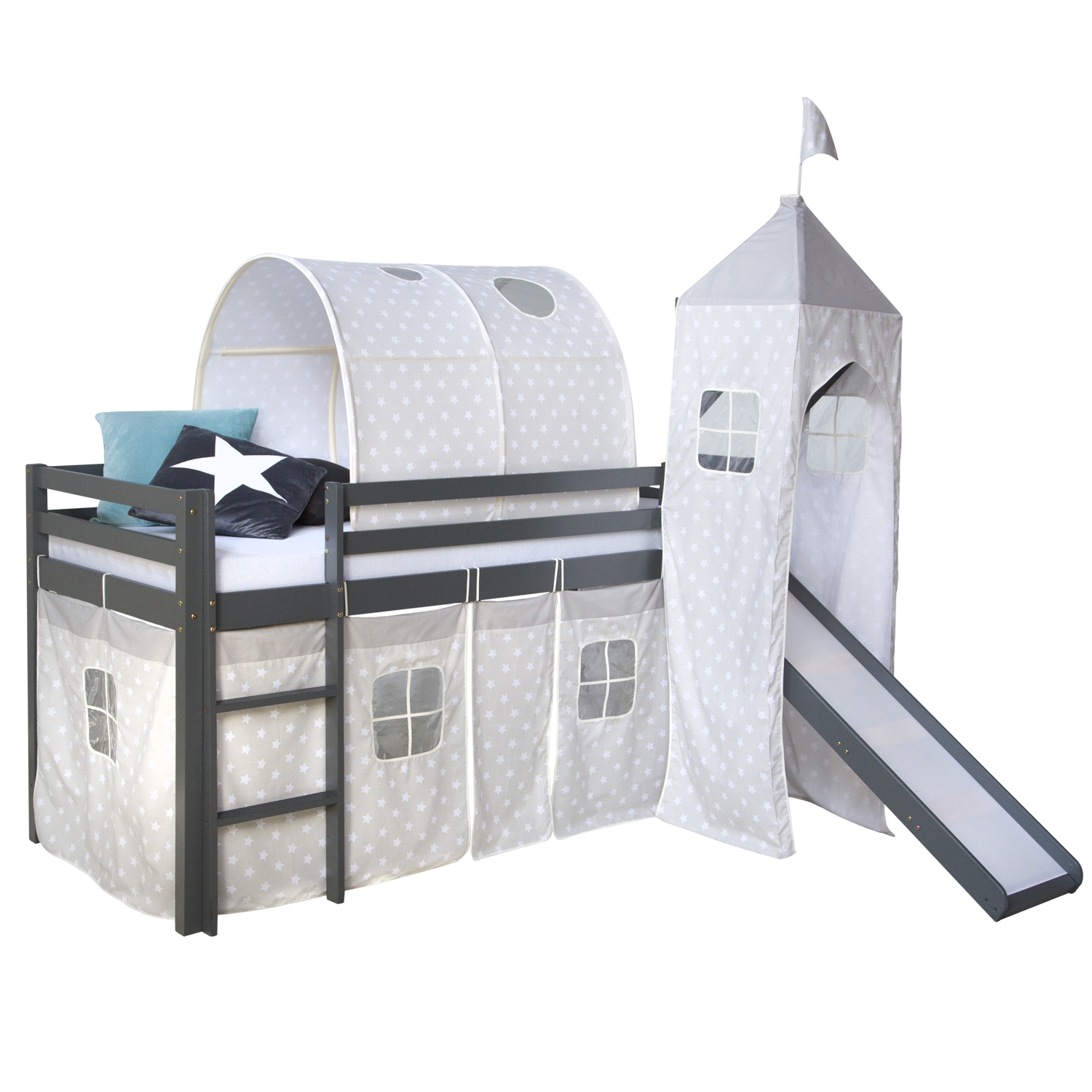 Loftbed 90x200 cm Grey Bunk bed Childrens bed Solid Pine Wood Tower Tunnel Curtain Stars Slide Mattress Slats