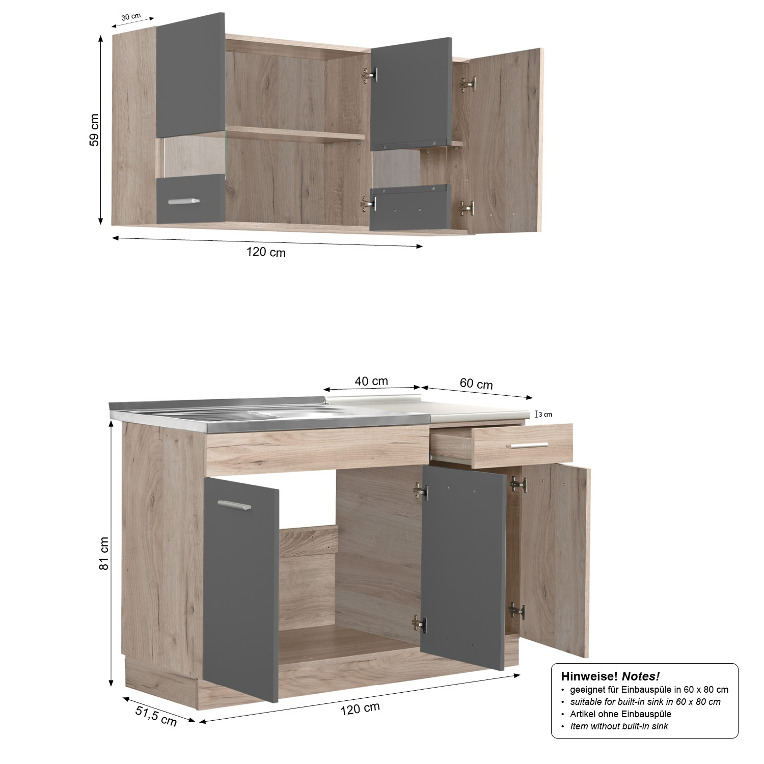 120 cm kitchen unit (without appliances) | Gray & Oak | Modern compact kitchen with plenty of storage space