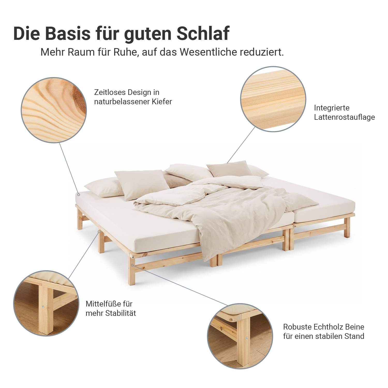 Family Bed 270x200 cm Natural | Maxi Pallet Bed XXL | with slatted frame | Wood | Can also be placed individually