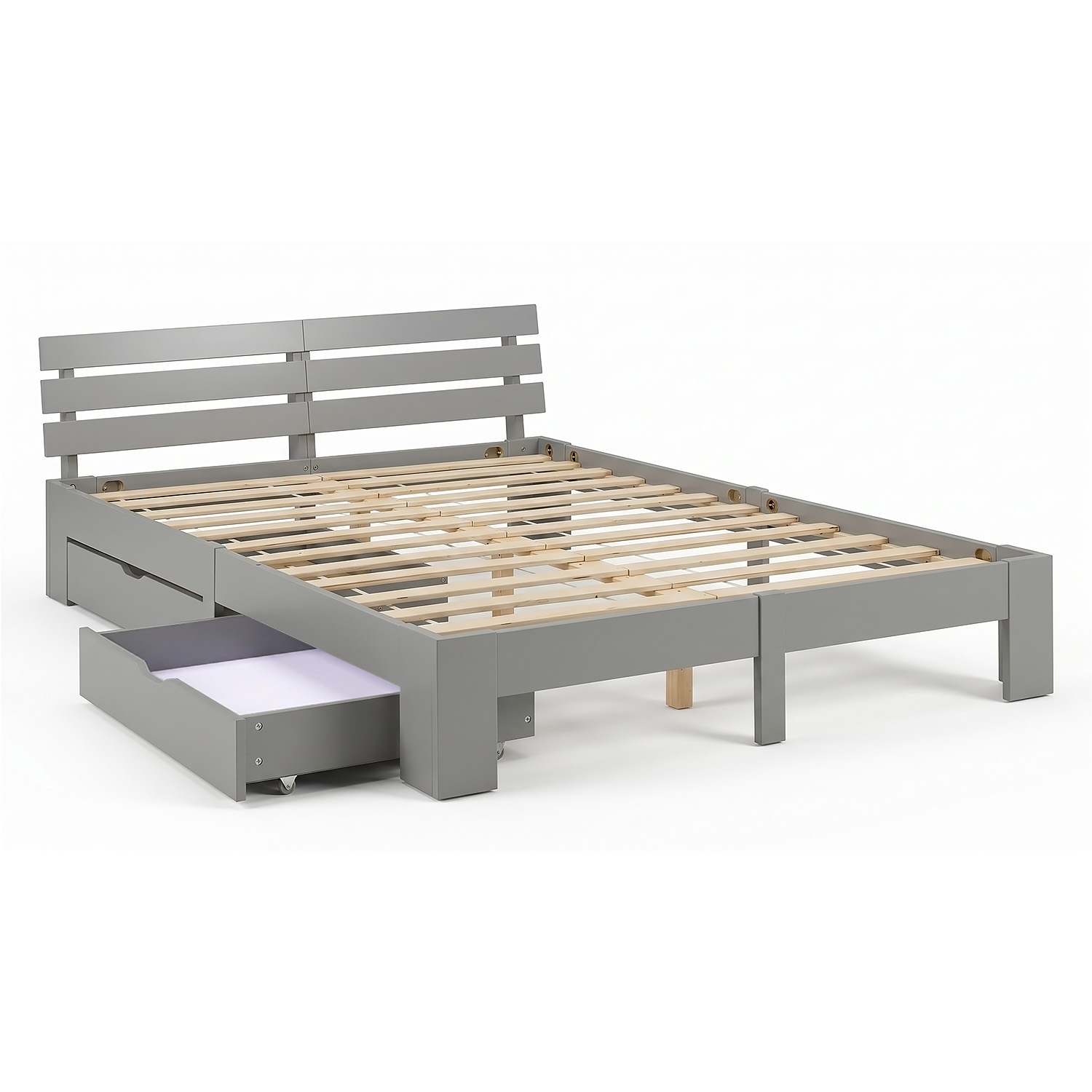 Wooden Bed 140x200 cm, Gray, with Storage Compartment & Slatted Base – Solid Wood Double Bed