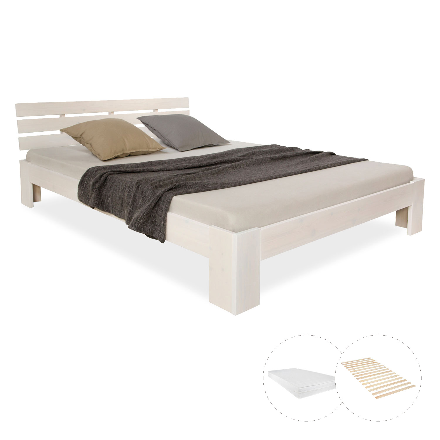 Doppelbett mit Matratze und Lattenrost 120x200 Bett Weiß Kiefer Massiv Bettgestell Holzbett Futonbett