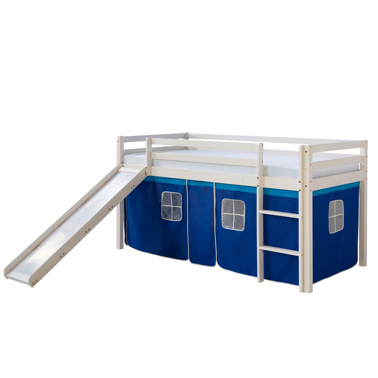 Hochbett mit Matratze 90x200 cm Rutsche Stockbett Kinderbett Leiter Holz Kiefer Vorhang blau Lattenrost Spielbett