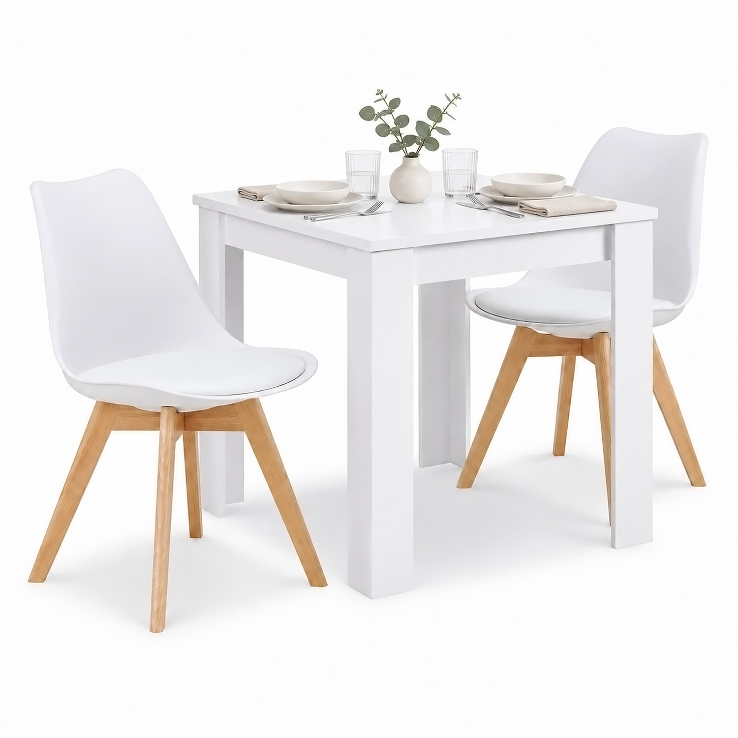 Dining Set (3-Piece): 80x80 cm white dining table with 2 plastic chairs and wooden legs