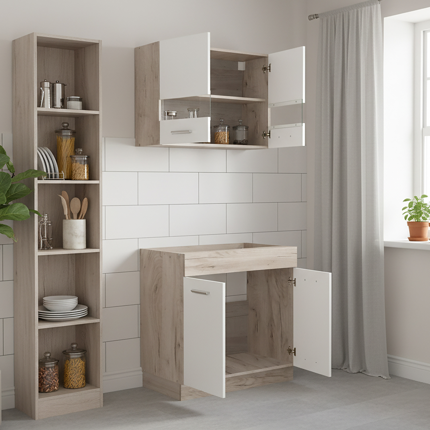 80 cm Kitchen Unit White & Oak – Mini Kitchen with Cabinet Elements, Without Sink and Appliances