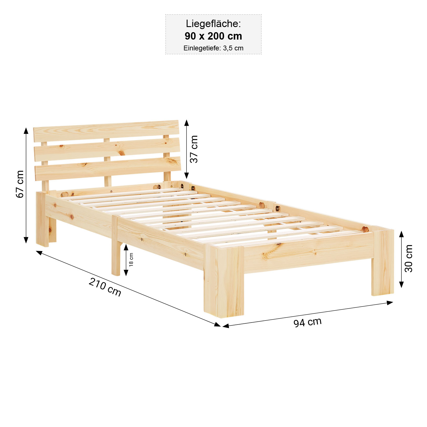 Wood Bed 90x200 cm Natural | Single Bed | with Spring Mattress | Solid | Youth Guest Bedroom