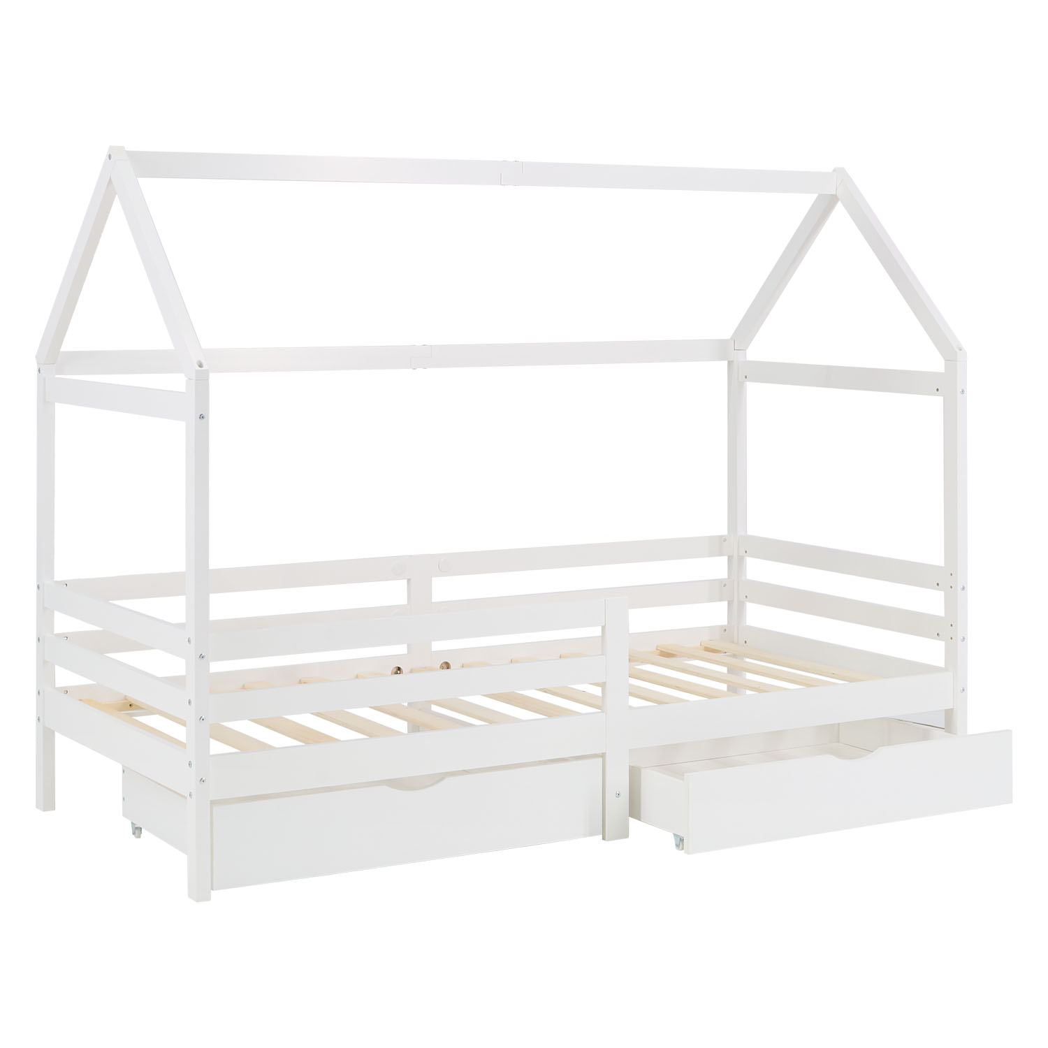 Children's Bed 90x200 cm White | House Bed with Fall Protection and Bed Drawer | Montessori | Single Bed | with Slatted Frame | Wood