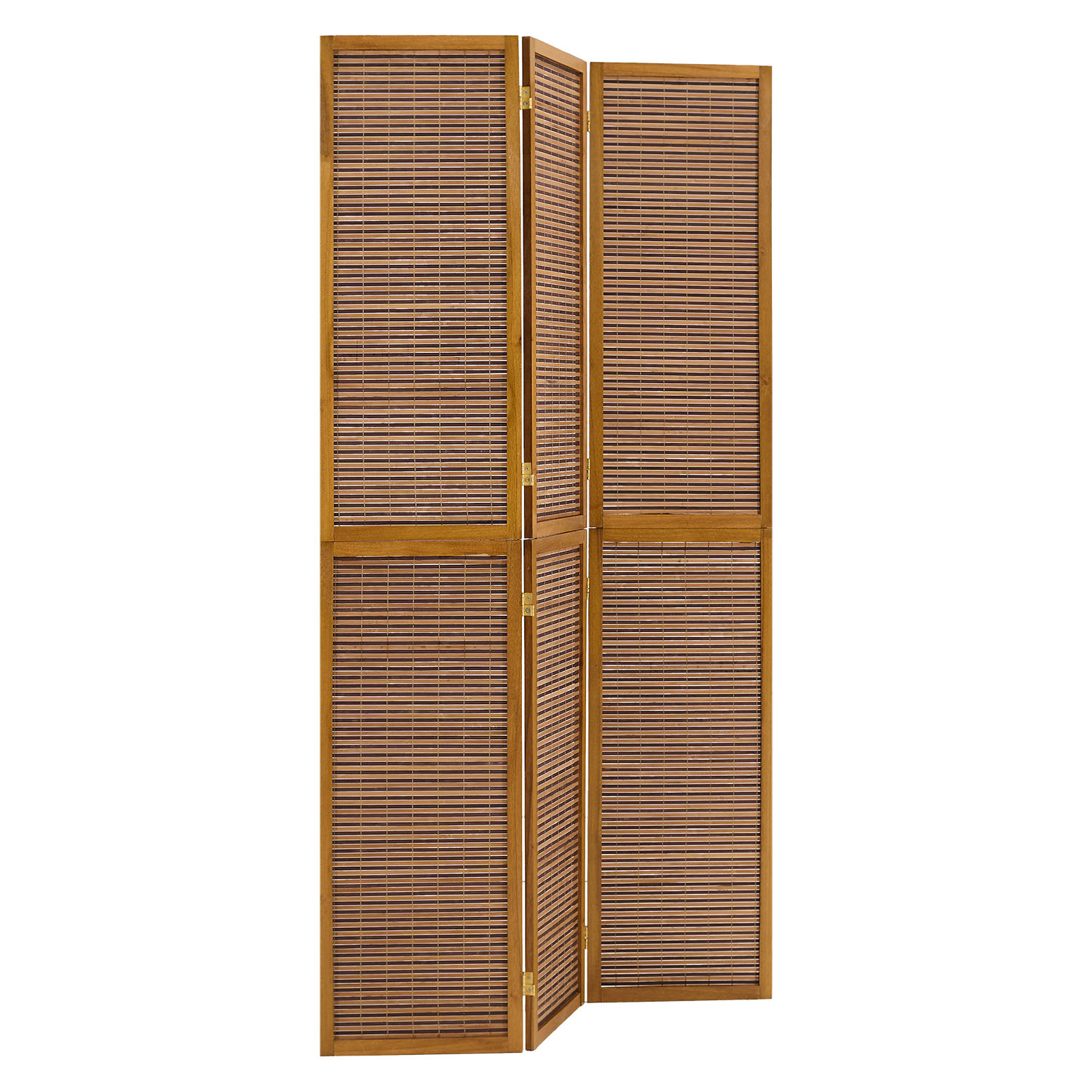 Brown 3-panel folding screen, 200 cm – Wooden room divider & privacy screen with slats