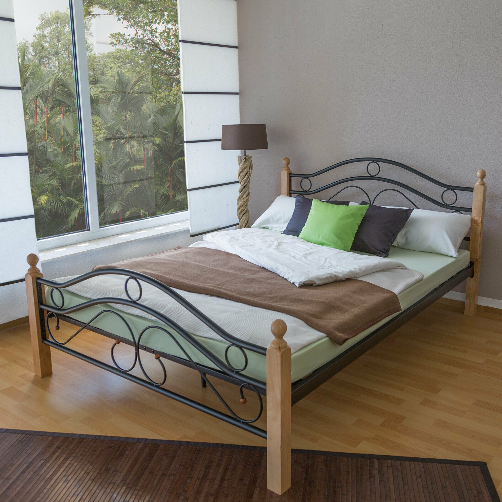 Metal Bed Iron Bed Double 160 x 200 Wood Slatted black natural bed frame 803