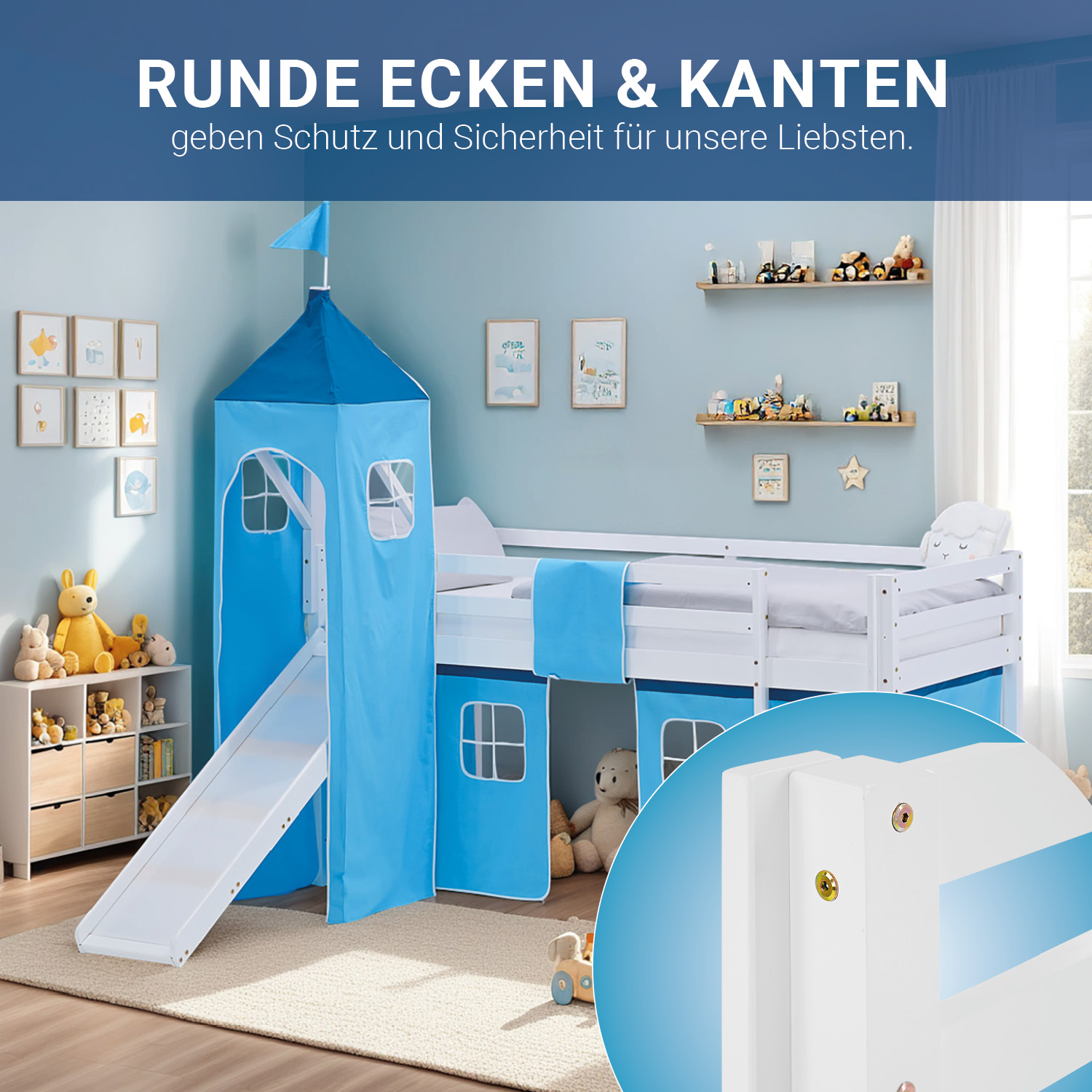 Loft Bed for Kids 90x200 cm White with Curtain in Blue | Slide | Tower | with Slatted Frame and Mattress