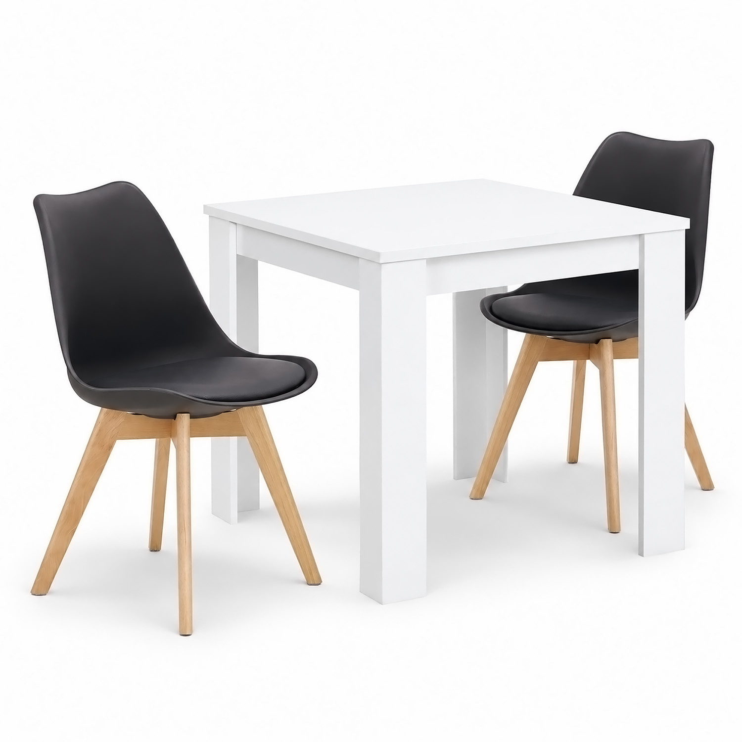 Dining Set (3-Piece): 80x80 cm white dining table with 2 black plastic chairs and wooden legs