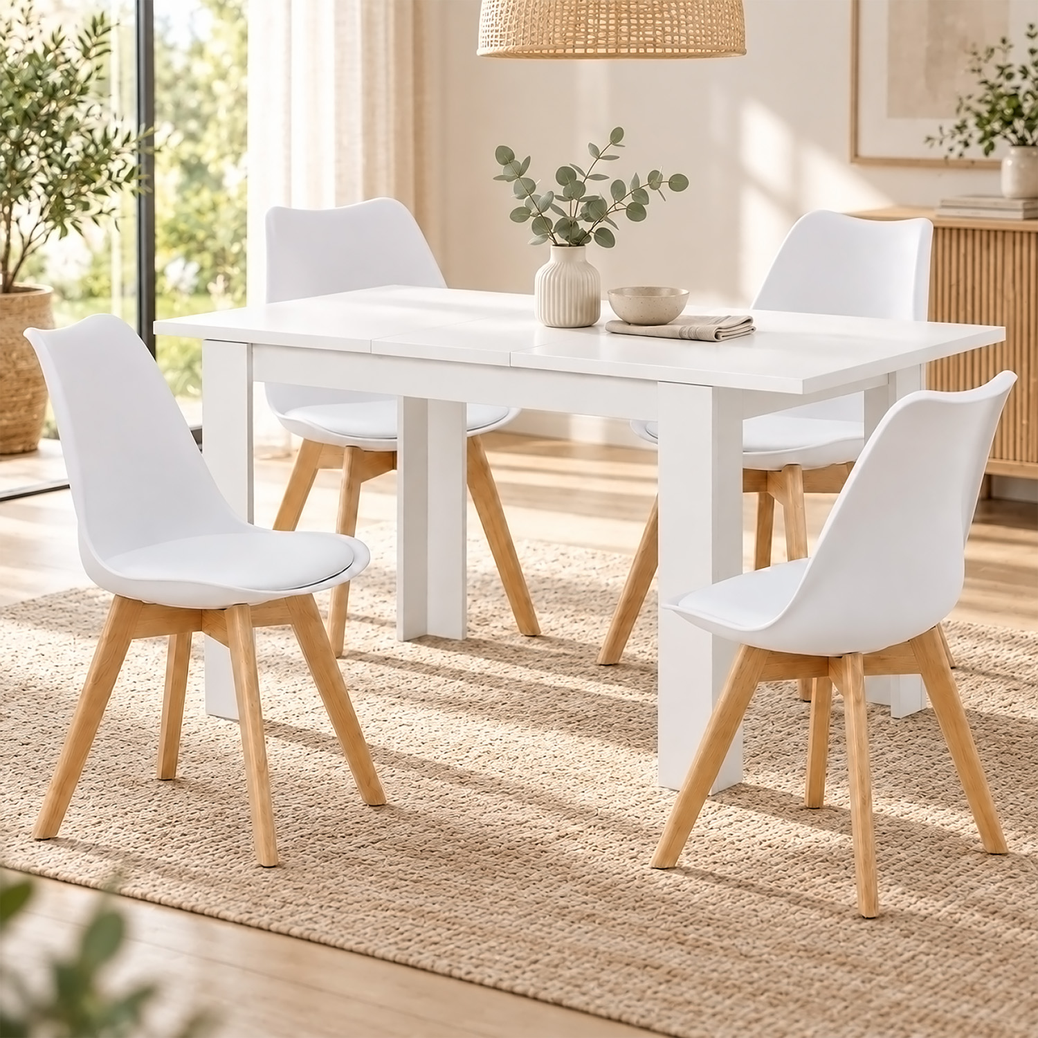 Dining Set (5-Piece): 120x80 cm white extendable dining table with 4 plastic chairs and wooden legs