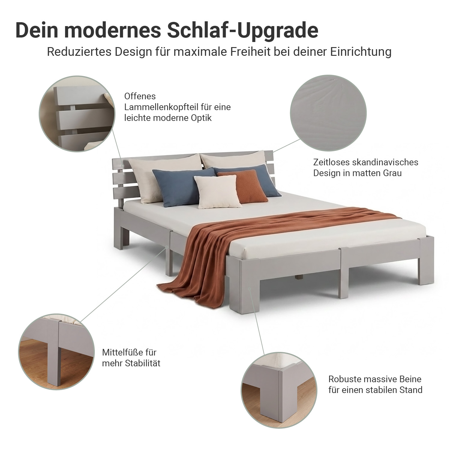 Wood Bed 180x200 cm Grey | Double Bed | with 2 Mattress | Solid | Kids Youth Guest Bedroom