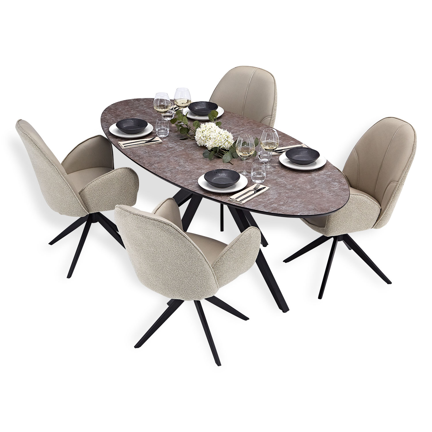 Dining set | 4-piece set upholstered chairs beige bouclé Leder with armrest | swivel | dining table brown metal frame oval 200 cm