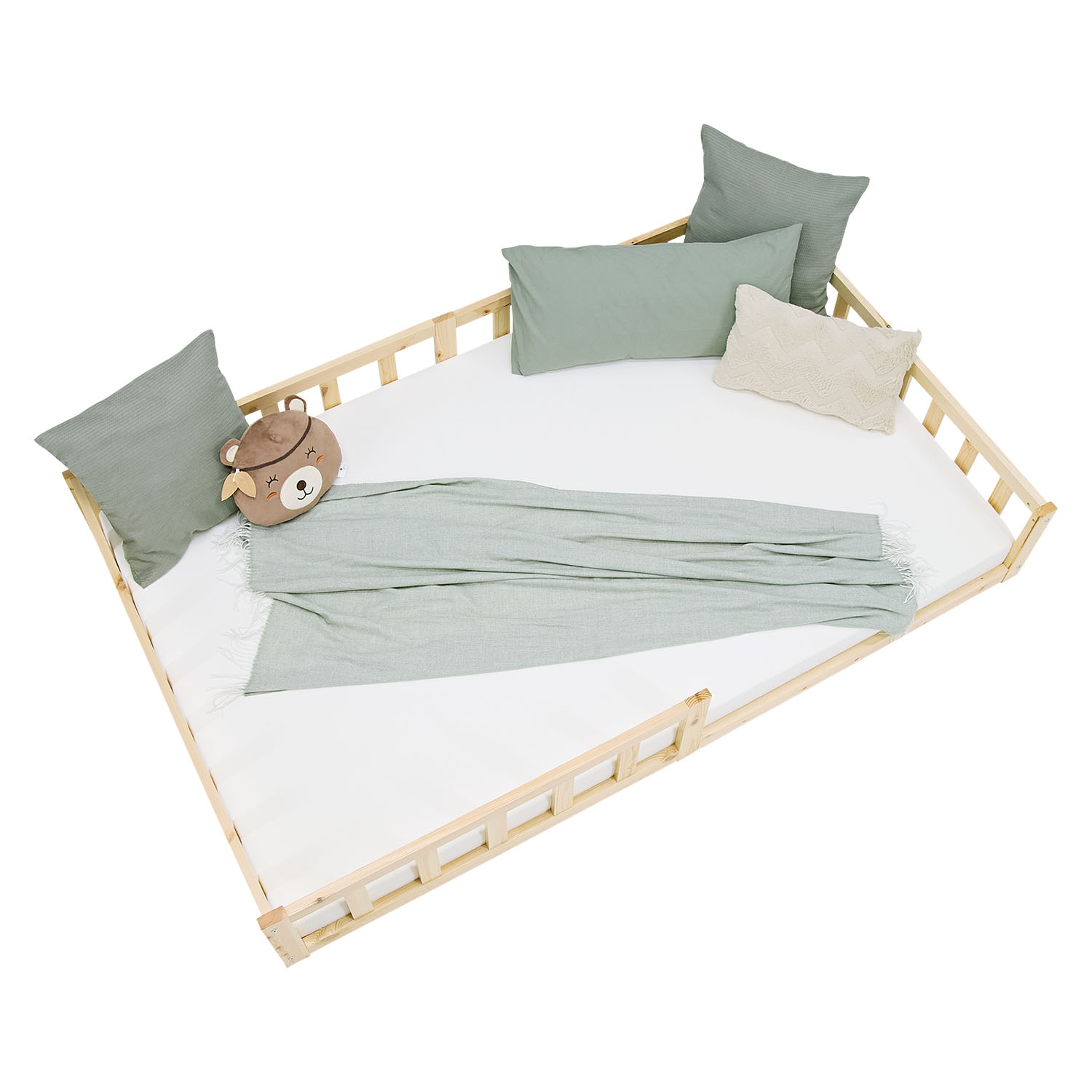 Children's Bed 120x200 Natural | Floor Bed with Slatted Frame | with Fall Protection | Montessori