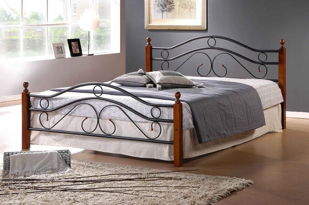 Metal Bed Iron Bed Double 140 x 200 Wood Slatted black brown bed frame 803