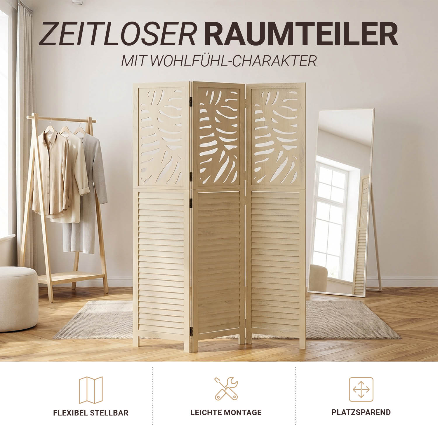 3-Panel "Natur" Folding Screen – Wooden Room Divider with Rattan Look & Pattern