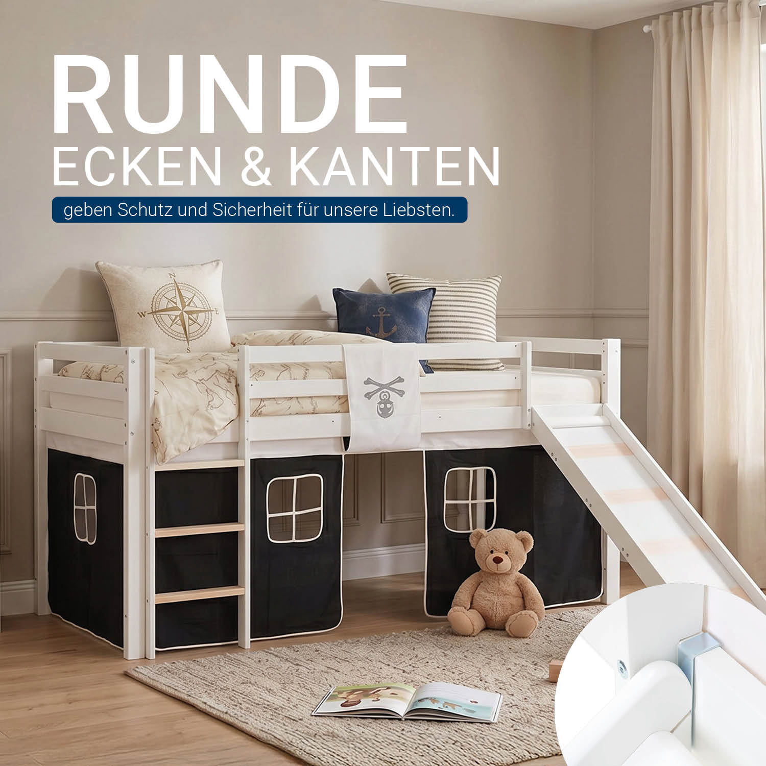 Children's loft bed, 90x200 cm, white with black curtain | Slide | Includes slatted base