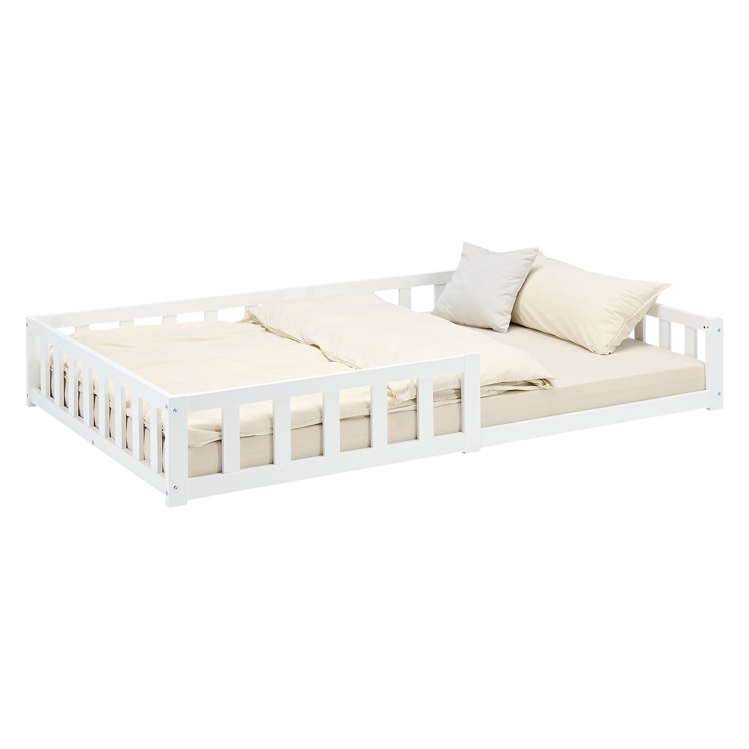 Children's Bed 120x200 White | Floor Bed with Slatted Frame | with Fall Protection | Montessori