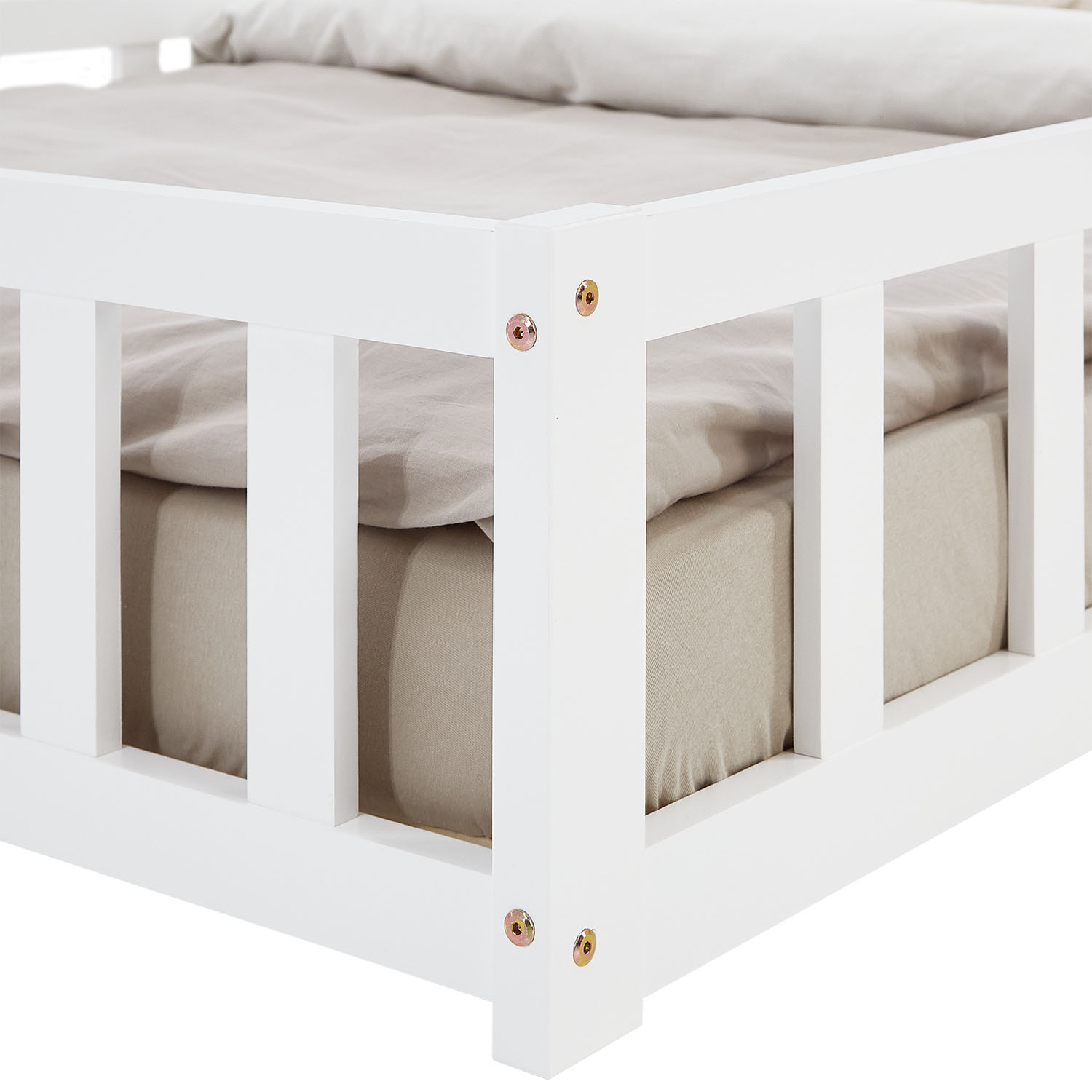 Children's Bed 120x200 White | Floor Bed with Slatted Frame | with Fall Protection | Montessori