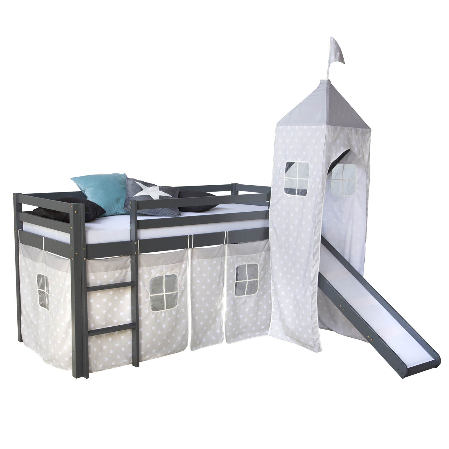 Loftbed 90x200 cm Grey Bunk bed Childrens bed Solid Pine Wood Tower Tunnel Curtain Stars Slide Mattress Slats