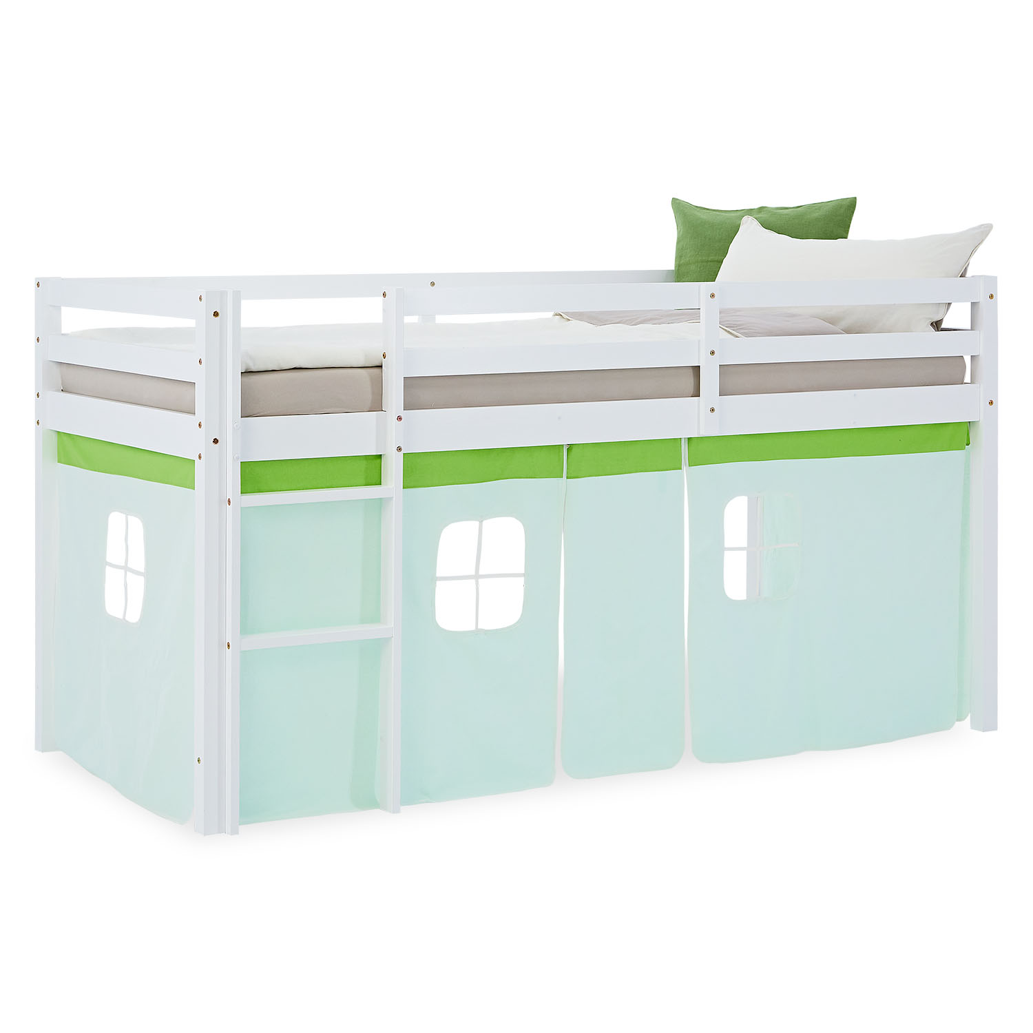 White solid wood mid-height kids' bed with mint green curtains and green trim ? play bed with window design, perfect for a nature-inspired boy?s room