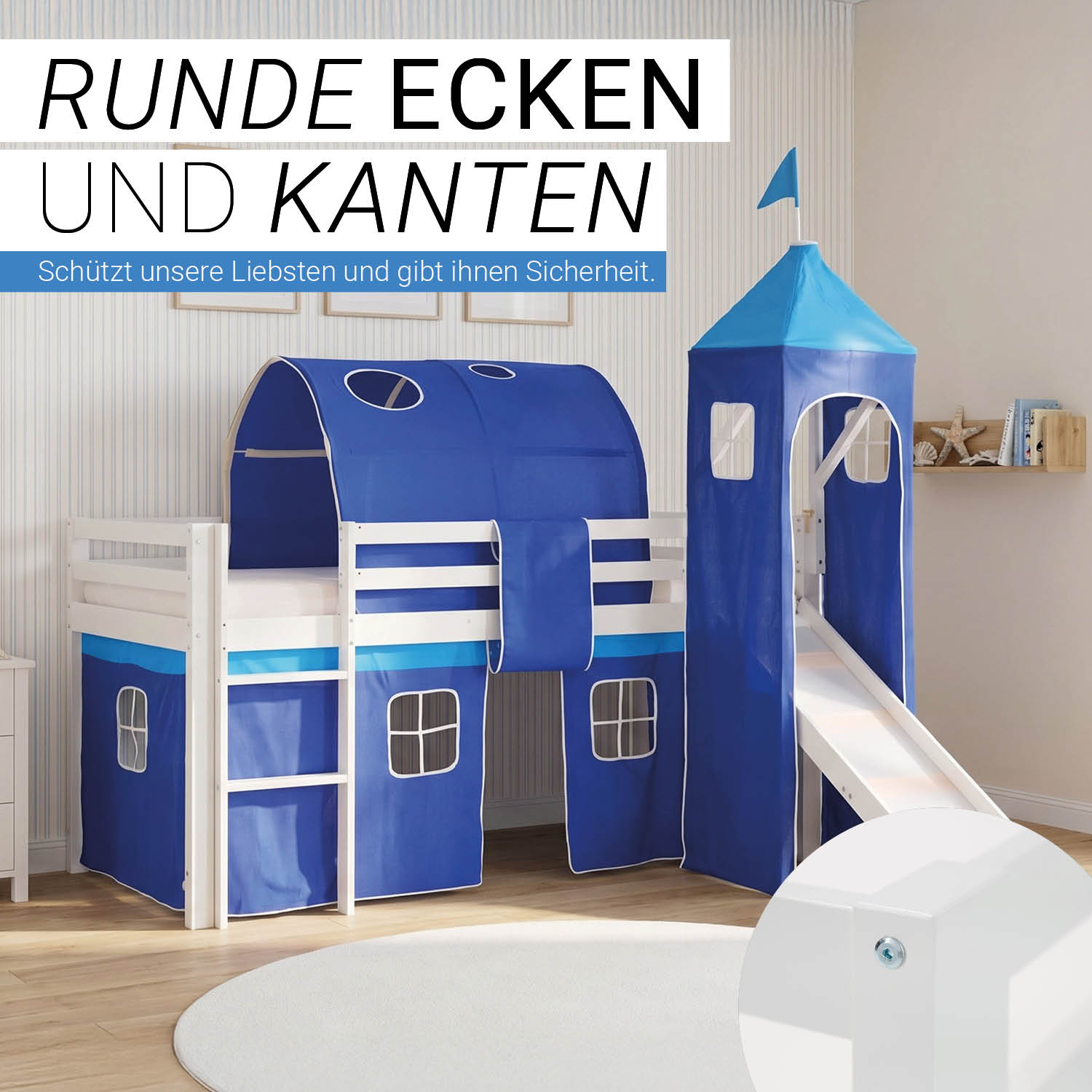 Children's Loft Bed 90x200 cm White with Blue Curtain | Slide | Tower | Tunnel | With Slatted Base | With Mattress
