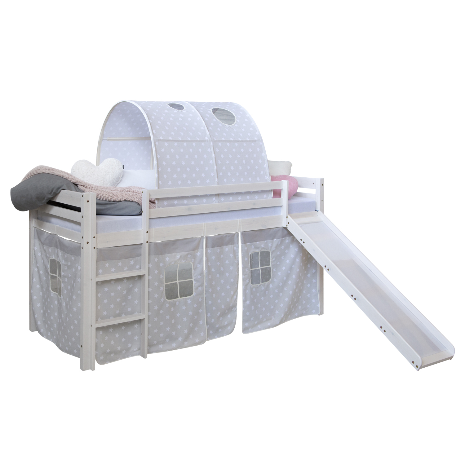 Loftbed 90x200 cm Bunk bed Childrens bed Solid Pine Wood Tower Tunnel Curtain Grey Stars Slide Mattress Slats