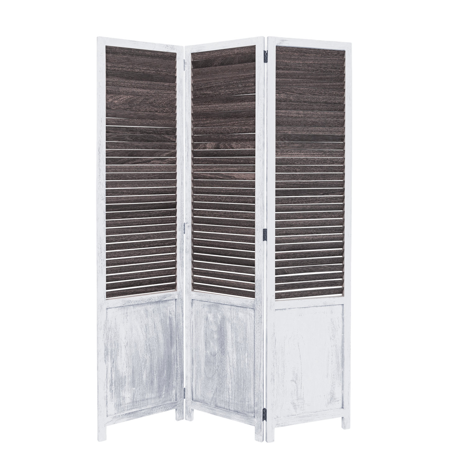 Paravent Shabby White Brown Wooden Slats | 3-panel | Wood | Room Divider Partition Privacy Screen