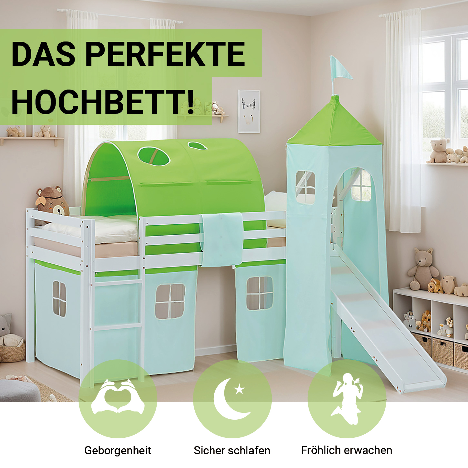 Loft Bed for Kids 90x200 cm White with Curtain in Green | Slide | Tower | Tunnel | with Slatted Frame and Mattress