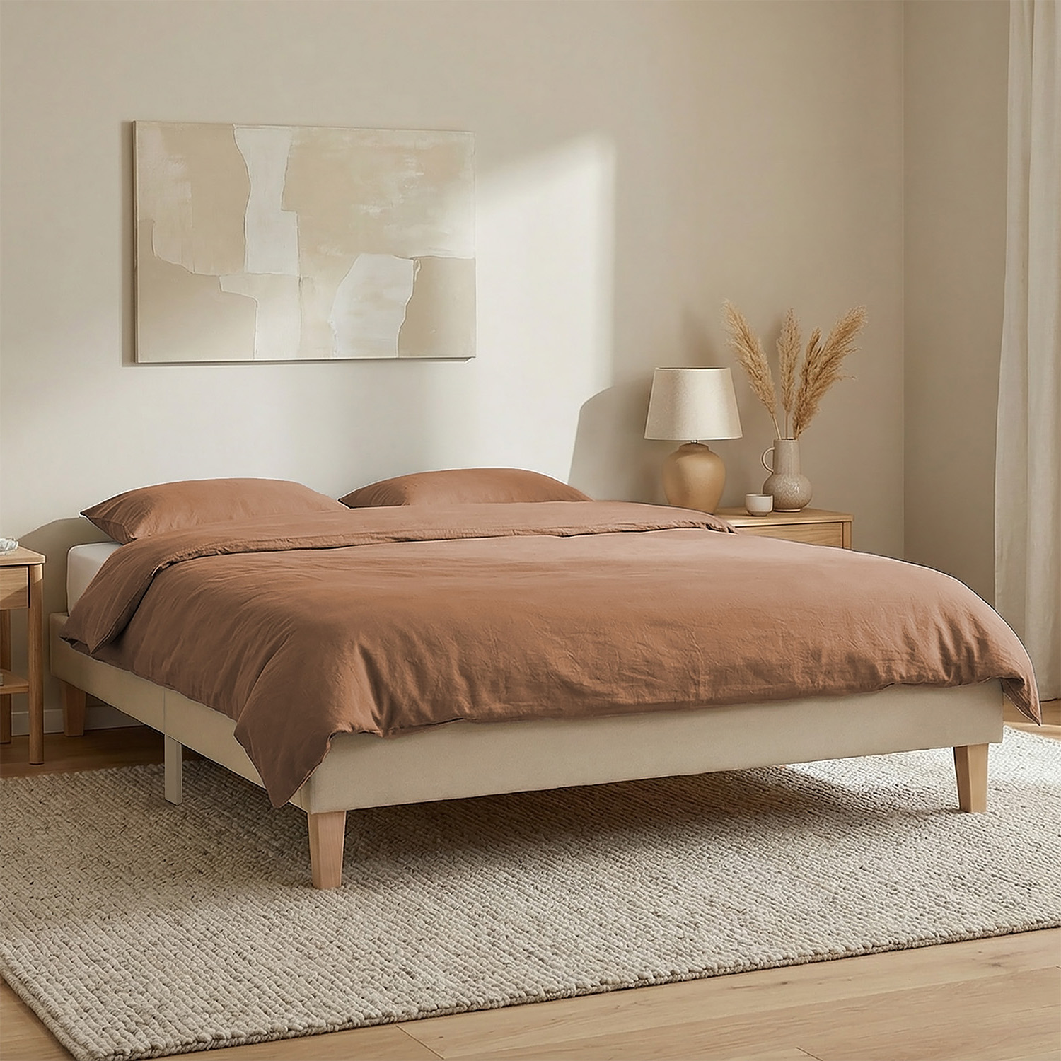 Upholstered bed 140x200 cm beige | futon bed | with slatted frame | double fabric bed frame
