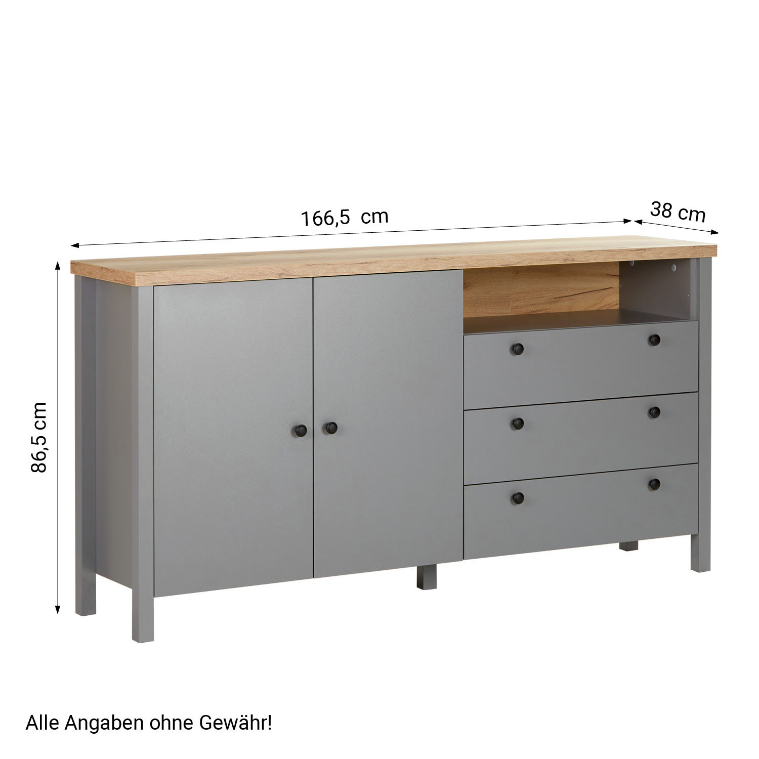 Chest of Drawers Sideboard Grey 166.5 cm Wood Solid Cupboard with 3 Drawers Highboard Living Room Cabinet