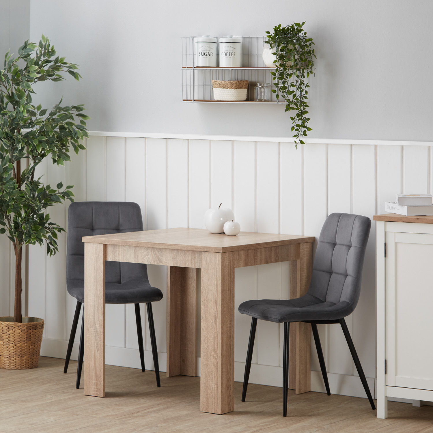 Dining set | 2-piece set upholstered chairs grey velvet without armrest | dining table oak 80 x 80 cm
