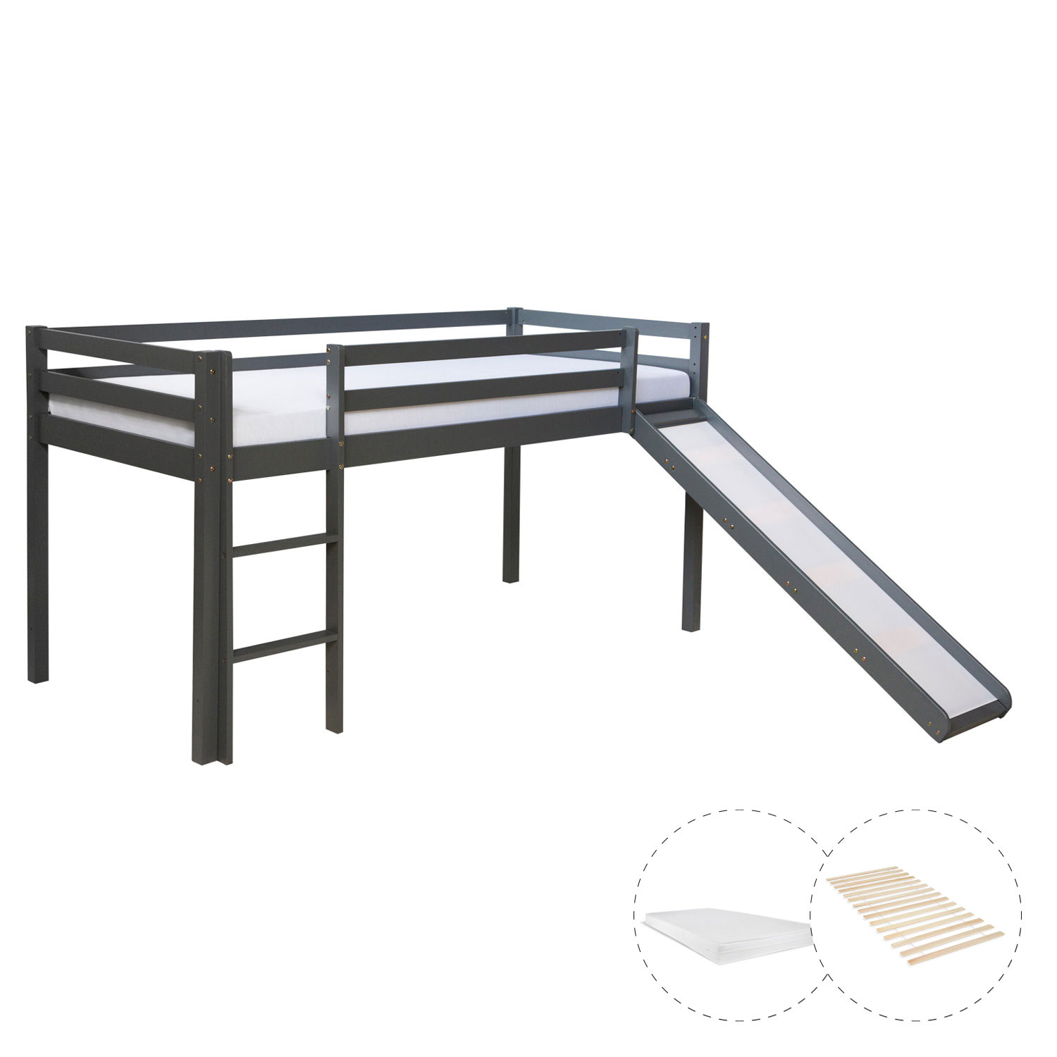 Loft Bed with Mattress Slatted Frame Slide 90x200 cm Children's Bed Bunk Bed Grey