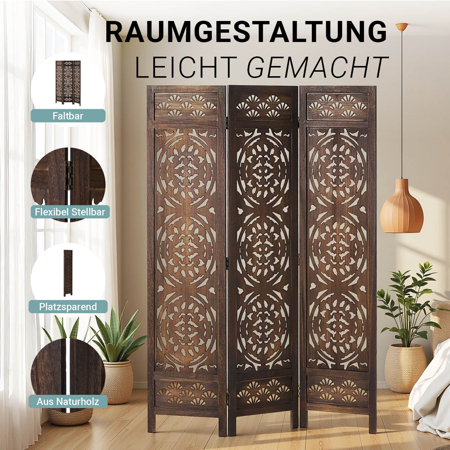 Paravent Brown Design | 3-panel | Wood | Decorative Room Divider | Partition Privacy Screen