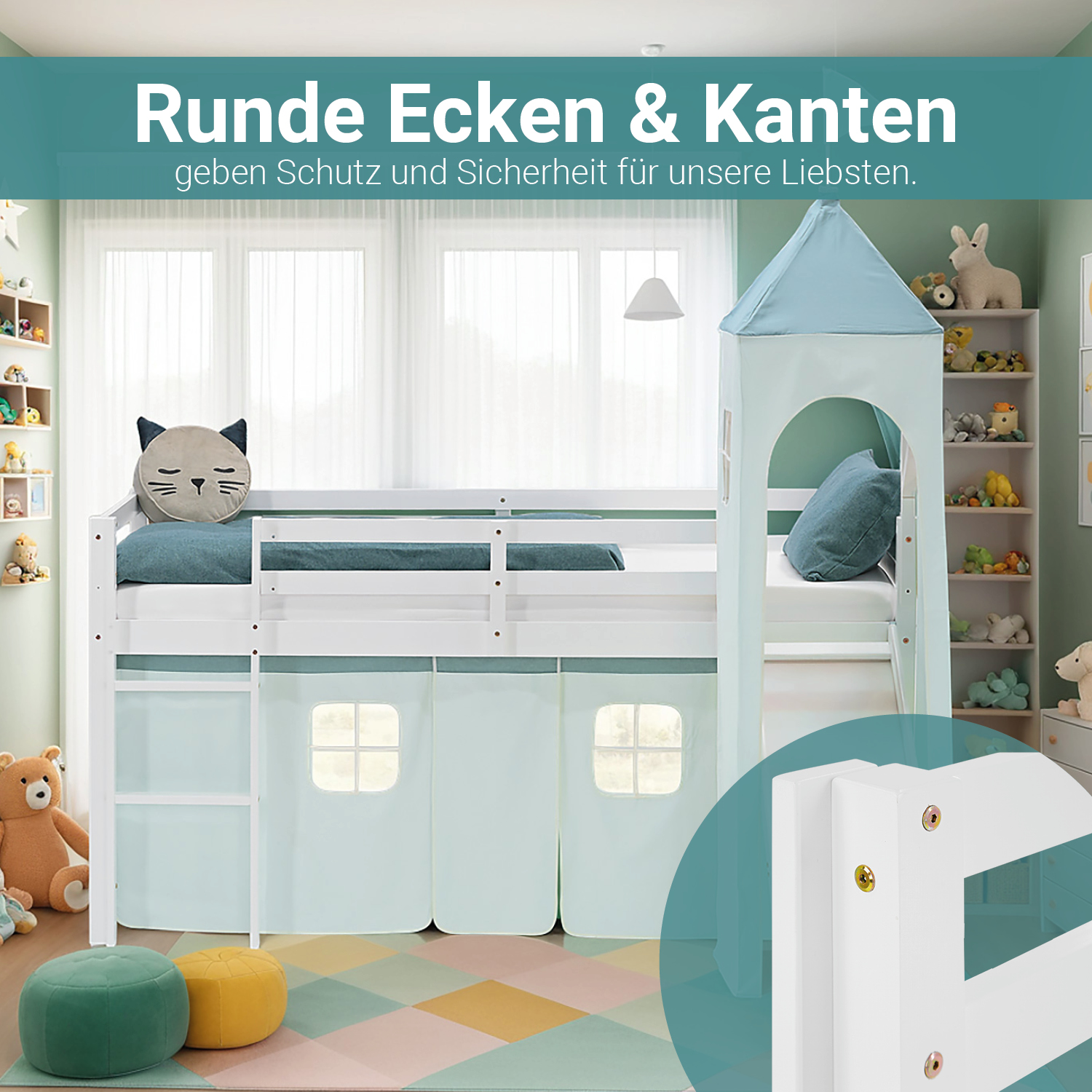 Loft Bed for Kids 90x200 cm White with Curtain in Mint Green | Slide | Tower | with Slatted Frame and Mattress