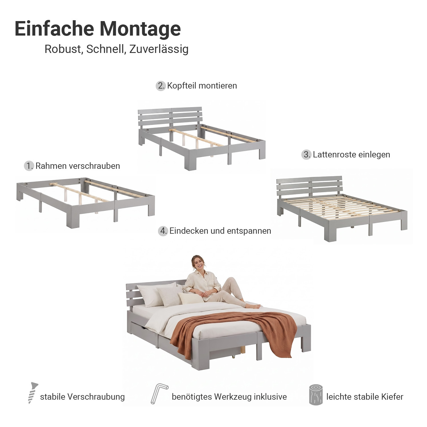Wooden Bed 140x200 cm, Gray, with Storage Compartment & Slatted Base – Solid Wood Double Bed