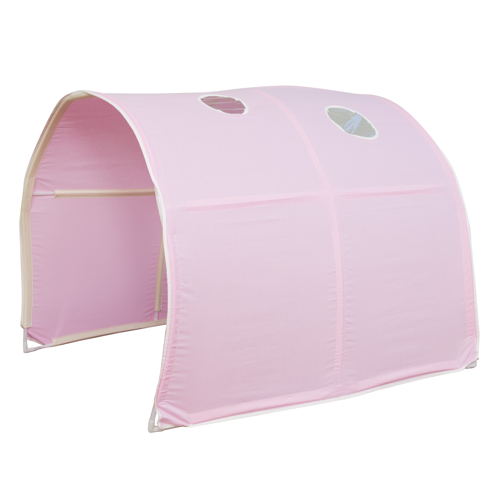 Loft Bed Kids 90x200 cm White with Curtain in Pink | Tunnel | Tower | Slide | with Slatted Frame
