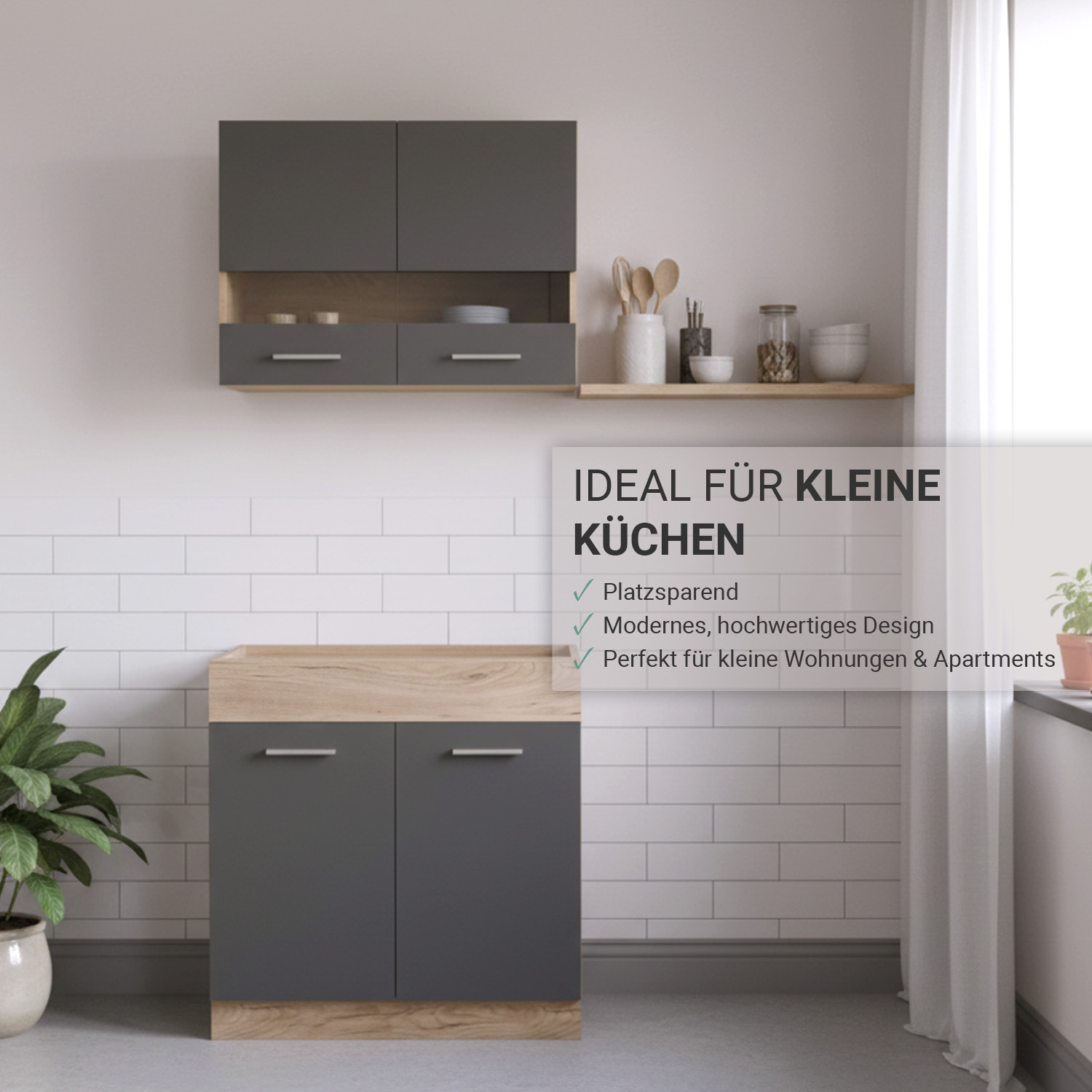 80 cm Kitchen Unit Grey & Oak – Mini Kitchen with Cabinet Elements, Without Sink and Appliances