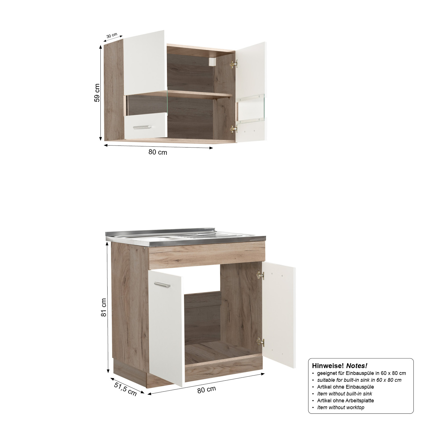 Kitchen Unit without Appliances 80 cm White | Oak | Single Kitchen | Mini Kitchen | Kitchen Element