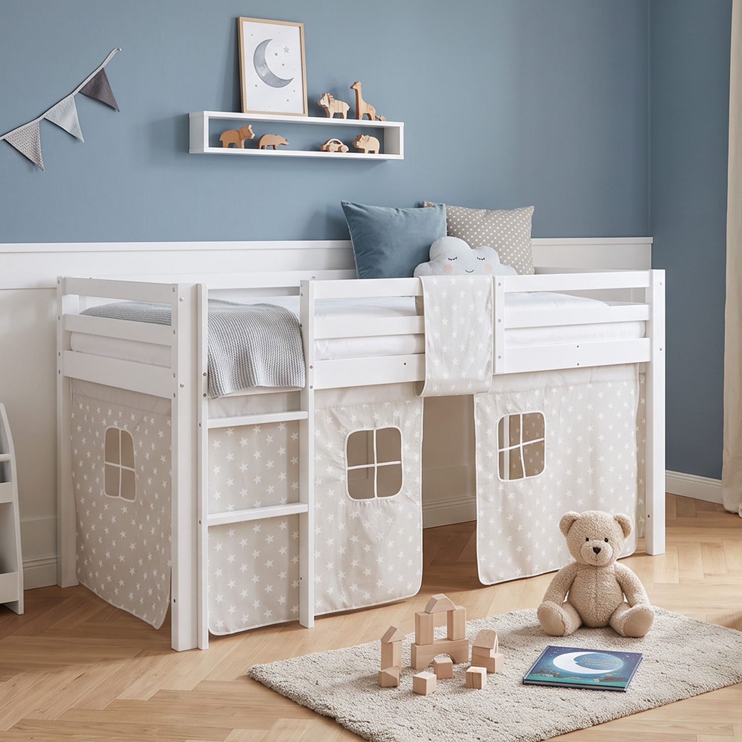 Children's Loft Bed 90x200 cm White with Star Curtain | Includes Slatted Base