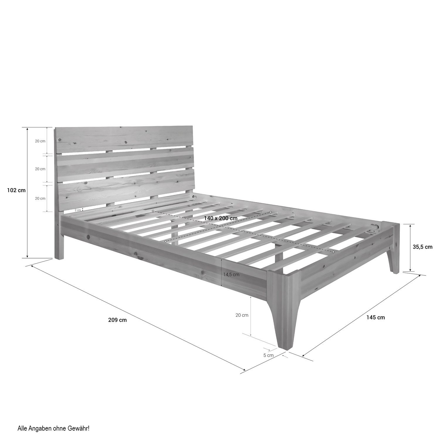 Wood Bed 140x200 cm Natural | Double Bed | with Slatted Frame | Scandinavian Style | Kids Youth Guest Bedroom