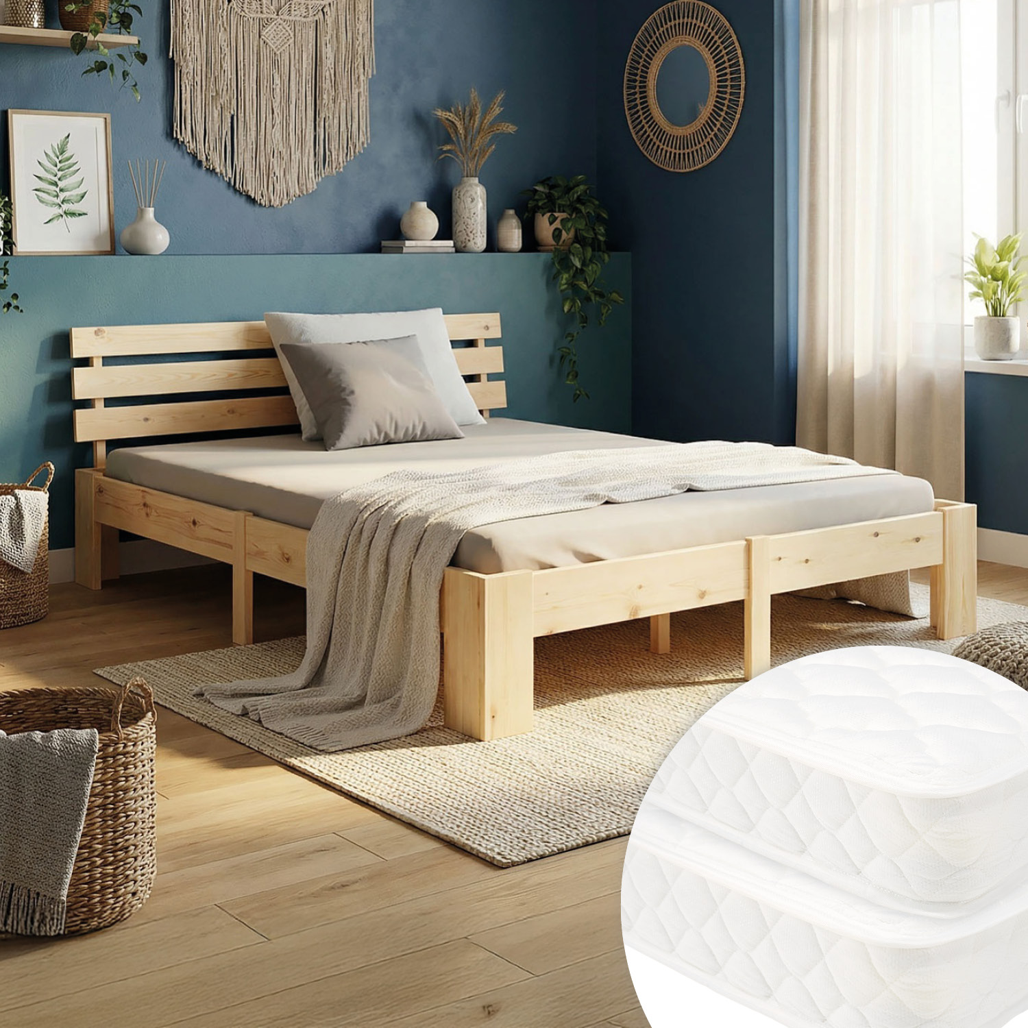 Wood Bed 180x200 cm Natural | Double Bed | with Spring Mattress | Solid | Youth Guest Bedroom