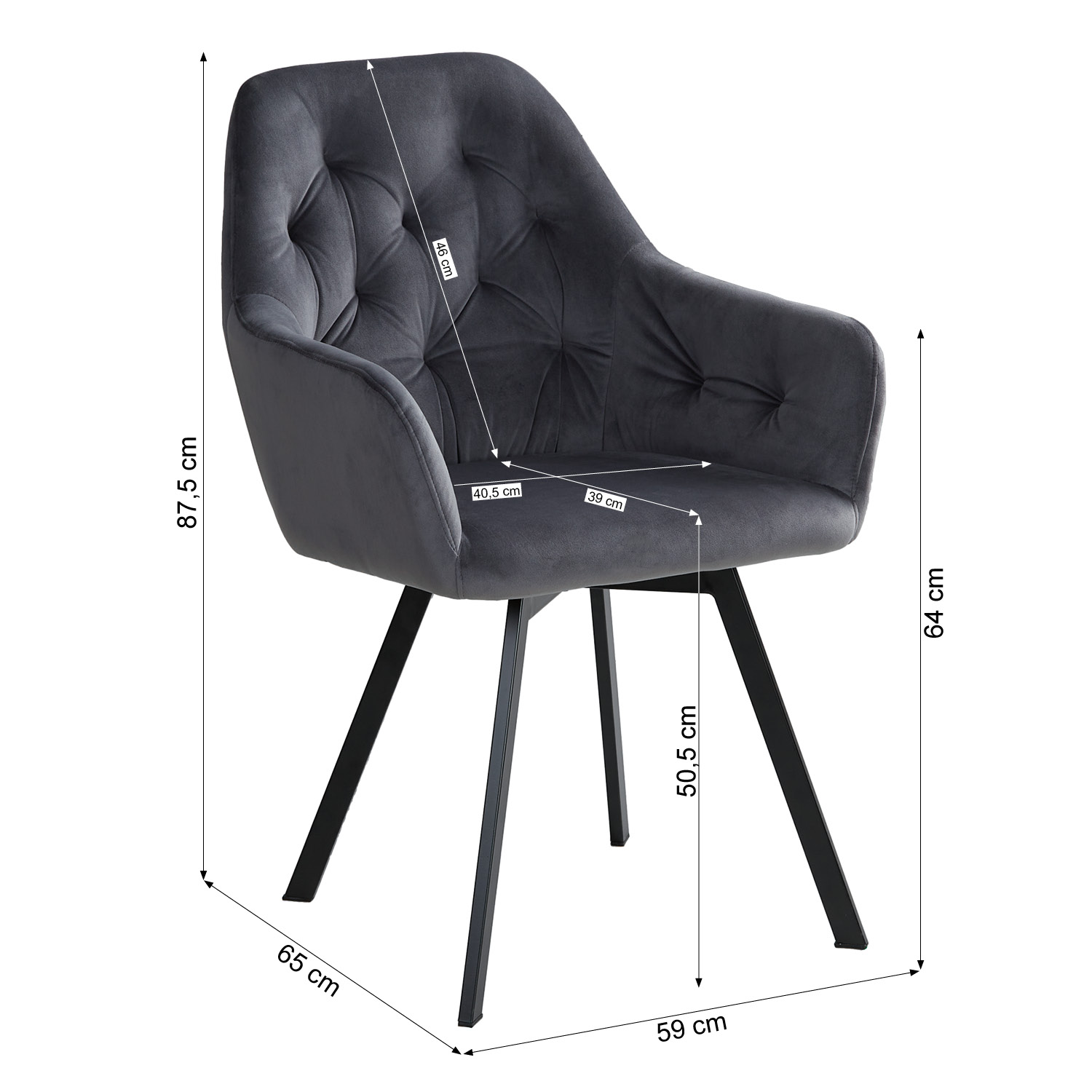 Upholstered Chair Velvet Grey | Set of 2 | swivel | with Armrests | Kitchen Dining Room Office